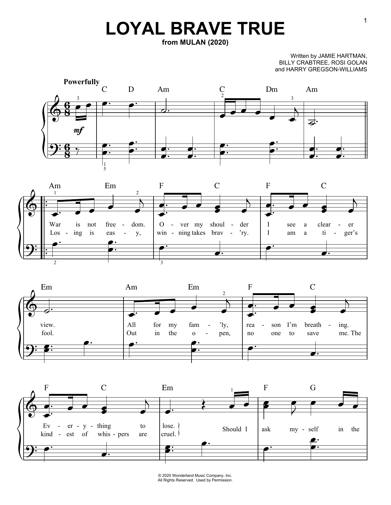 Download Christina Aguilera Loyal Brave True (from Mulan) Sheet Music and learn how to play Super Easy Piano PDF digital score in minutes