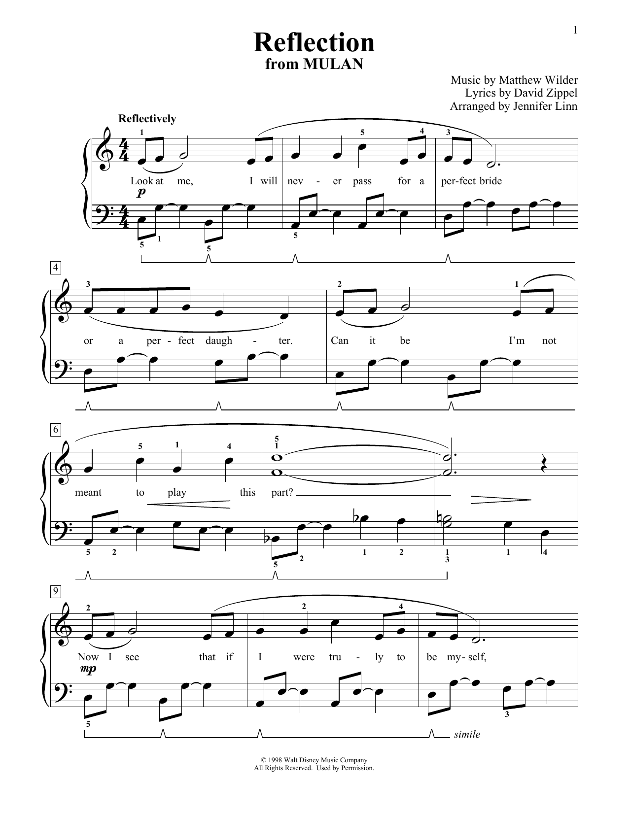 Download Christina Aguilera Reflection (from Mulan) (arr. Jennifer Linn) Sheet Music and learn how to play Educational Piano PDF digital score in minutes