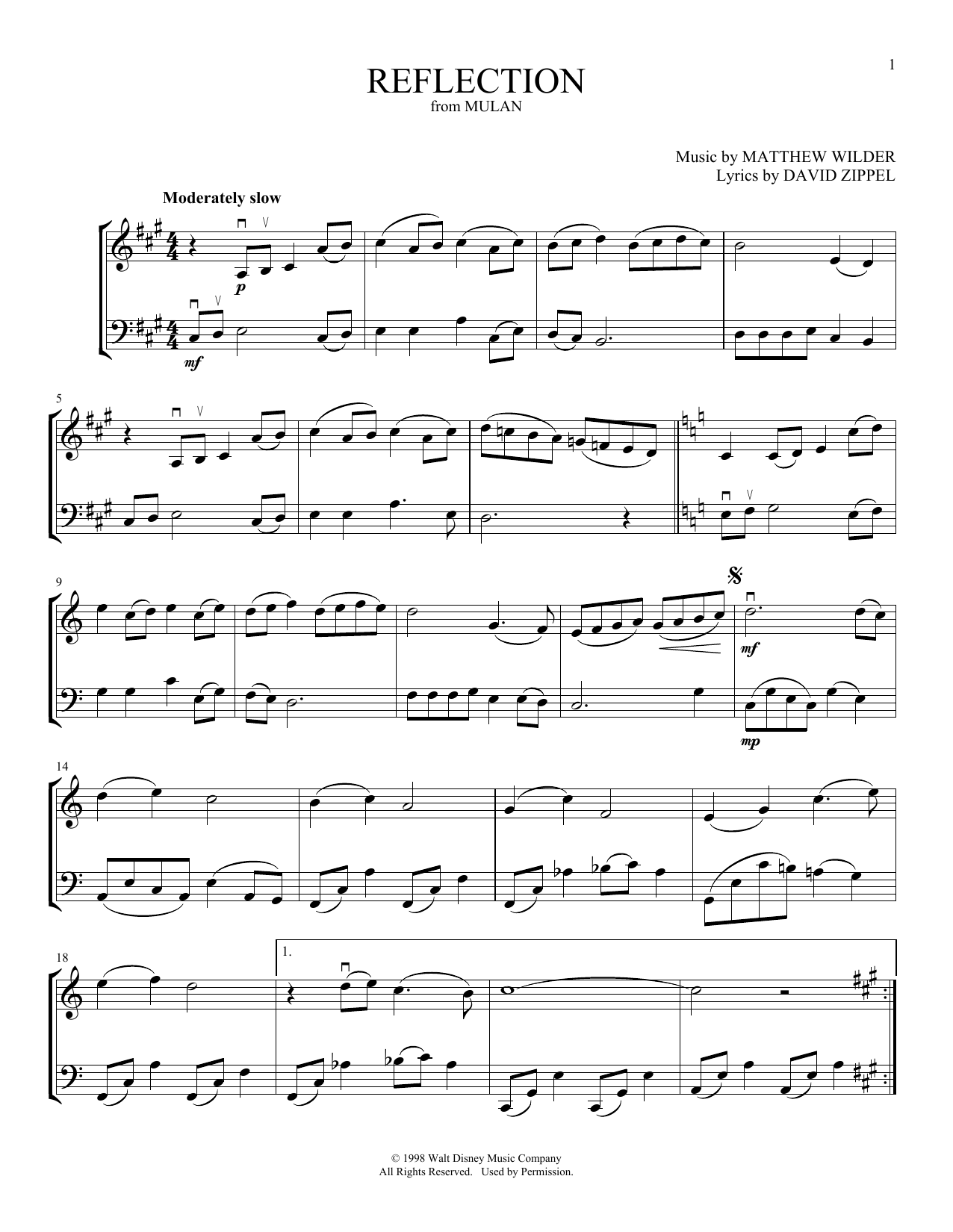 Download Christina Aguilera Reflection (from Mulan) (arr. Michelle Hynson) Sheet Music and learn how to play Instrumental Duet PDF digital score in minutes