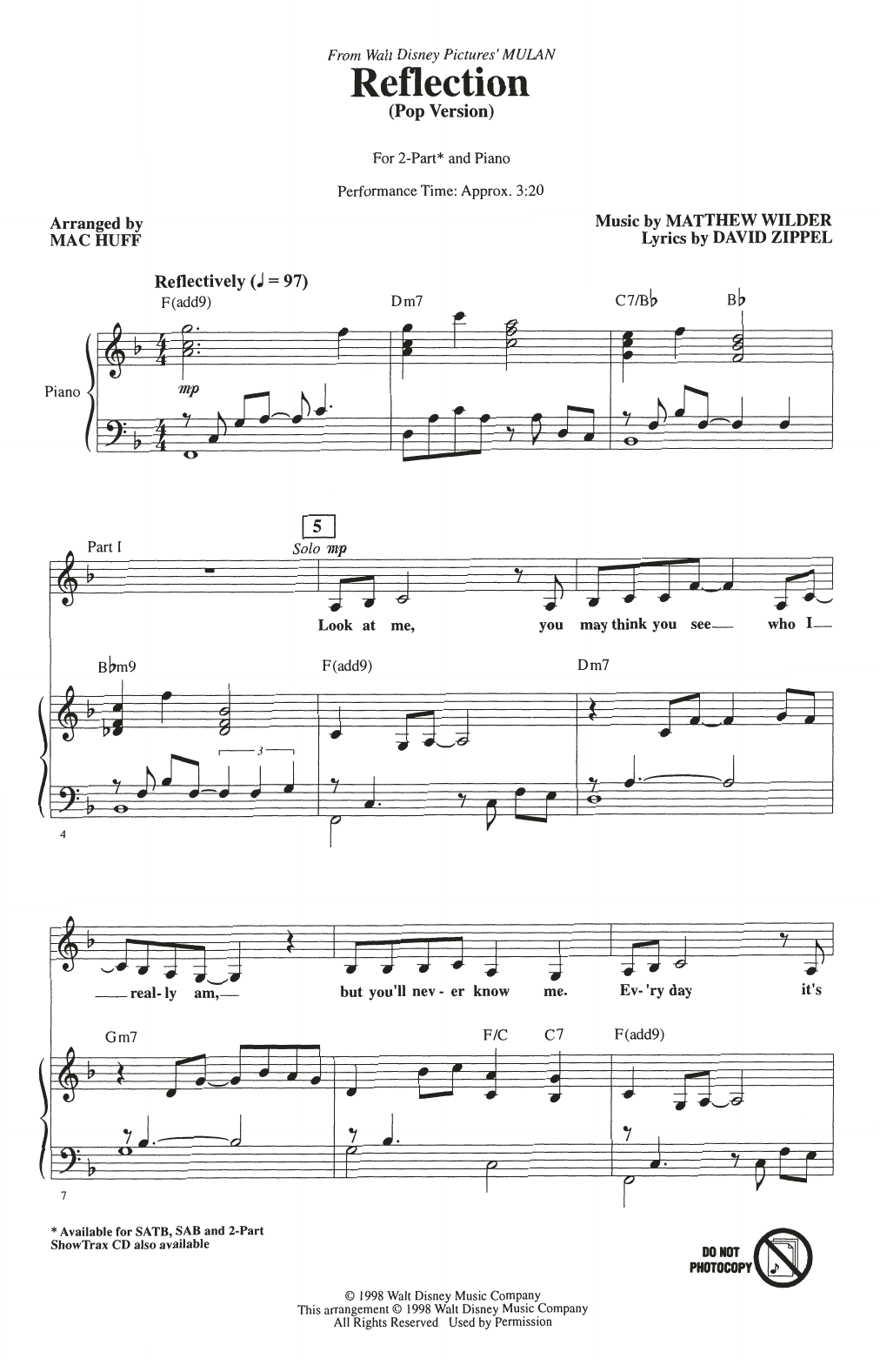 Download Christina Aguilera Reflection (Pop Version) (from Mulan) (arr. Mac Huff) Sheet Music and learn how to play SATB Choir PDF digital score in minutes