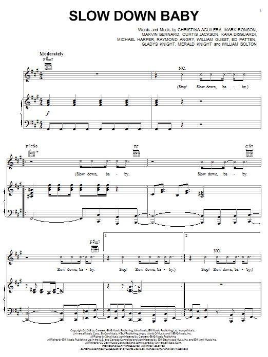 Download Christina Aguilera Slow Down Baby Sheet Music and learn how to play Piano, Vocal & Guitar (Right-Hand Melody) PDF digital score in minutes