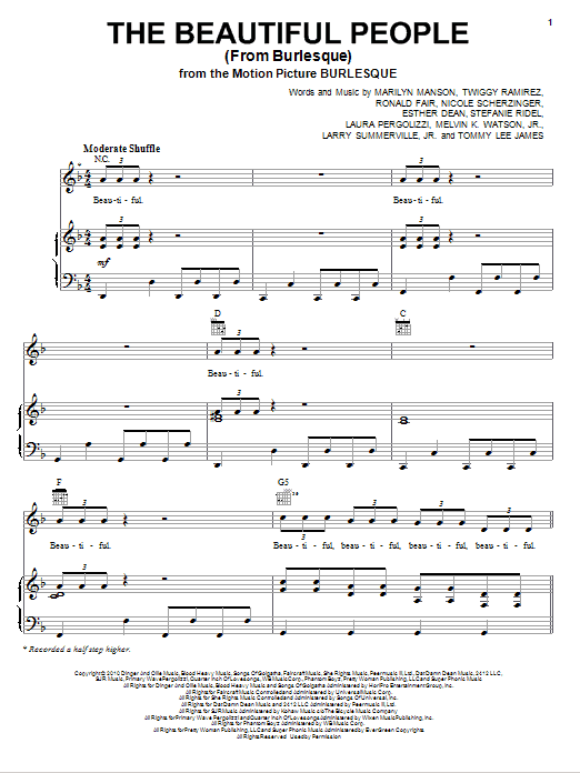 Download Christina Aguilera The Beautiful People (from Burlesque) Sheet Music and learn how to play Piano, Vocal & Guitar (Right-Hand Melody) PDF digital score in minutes