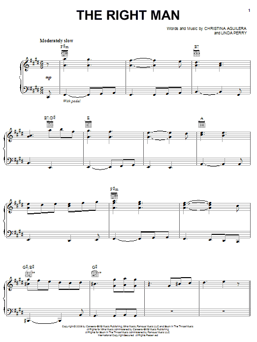 Download Christina Aguilera The Right Man Sheet Music and learn how to play Piano, Vocal & Guitar (Right-Hand Melody) PDF digital score in minutes