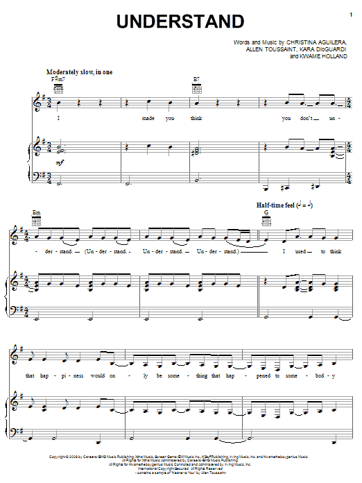 Download Christina Aguilera Understand Sheet Music and learn how to play Piano, Vocal & Guitar (Right-Hand Melody) PDF digital score in minutes