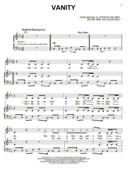 Download Christina Aguilera Vanity Sheet Music and learn how to play Piano, Vocal & Guitar (Right-Hand Melody) PDF digital score in minutes