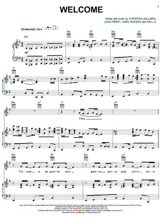 Download Christina Aguilera Welcome Sheet Music and learn how to play Piano, Vocal & Guitar (Right-Hand Melody) PDF digital score in minutes