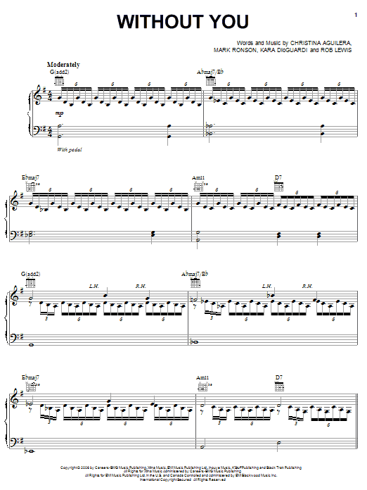 Download Christina Aguilera Without You Sheet Music and learn how to play Piano, Vocal & Guitar (Right-Hand Melody) PDF digital score in minutes