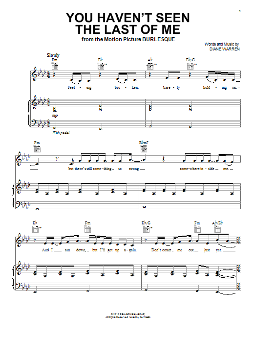 Download Christina Aguilera You Haven't Seen The Last Of Me Sheet Music and learn how to play Piano, Vocal & Guitar (Right-Hand Melody) PDF digital score in minutes