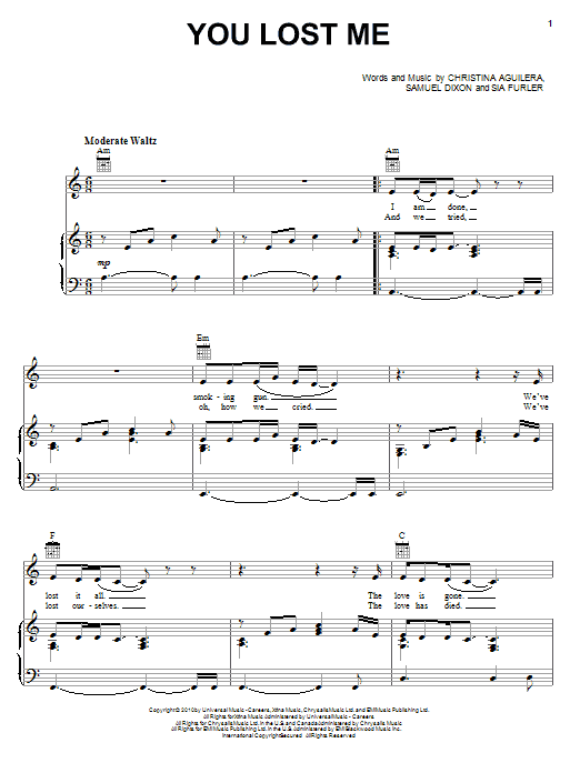Download Christina Aguilera You Lost Me Sheet Music and learn how to play Piano, Vocal & Guitar (Right-Hand Melody) PDF digital score in minutes
