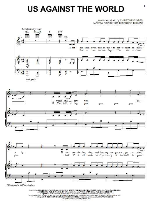 Download Christina Milian Us Against The World Sheet Music and learn how to play Piano, Vocal & Guitar (Right-Hand Melody) PDF digital score in minutes