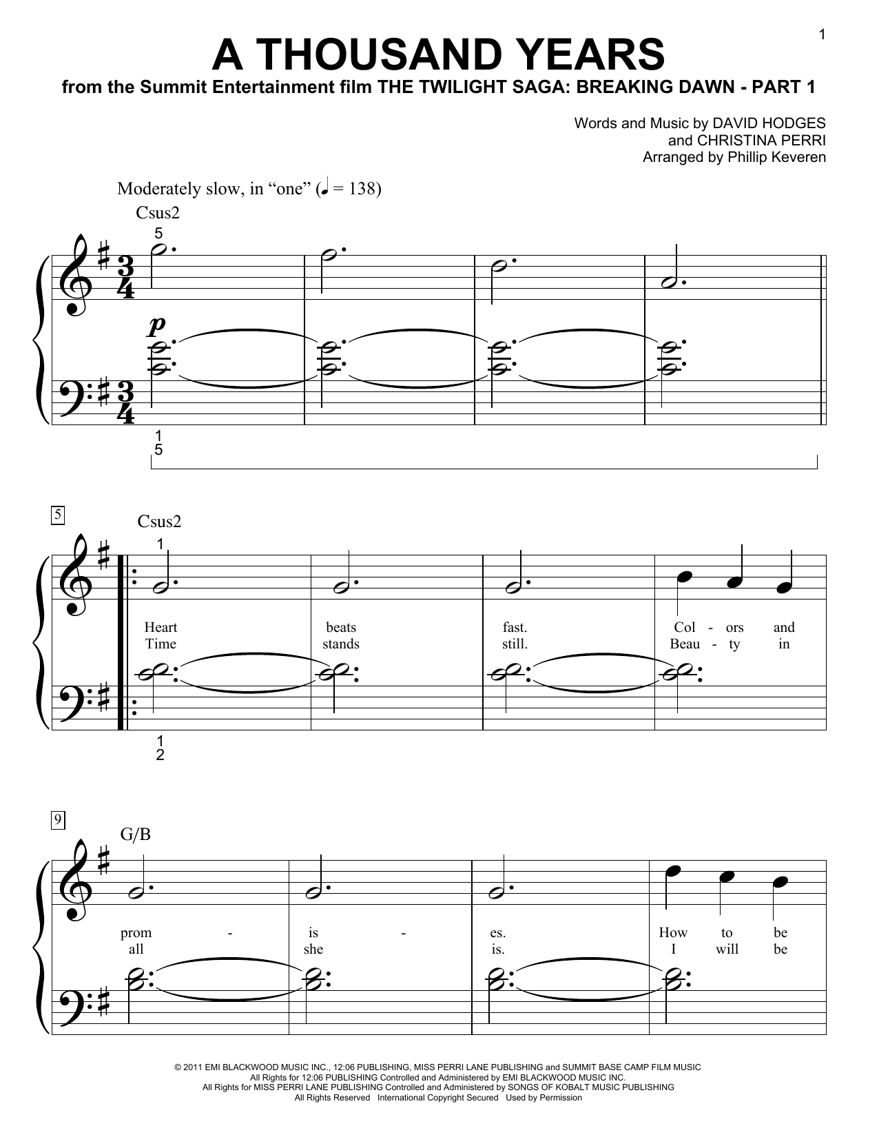 Download Phillip Keveren A Thousand Years Sheet Music and learn how to play Piano (Big Notes) PDF digital score in minutes