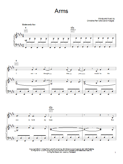 Download Christina Perri Arms Sheet Music and learn how to play Piano, Vocal & Guitar (Right-Hand Melody) PDF digital score in minutes