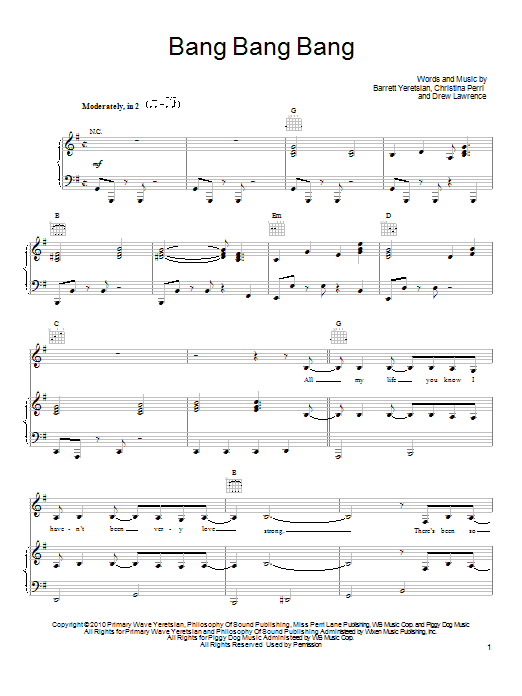 Download Christina Perri Bang Bang Bang Sheet Music and learn how to play Piano, Vocal & Guitar (Right-Hand Melody) PDF digital score in minutes