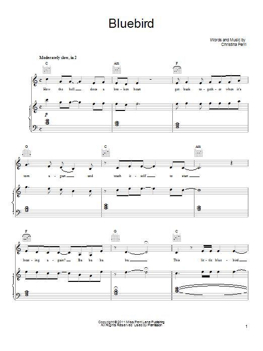Download Christina Perri Bluebird Sheet Music and learn how to play Piano, Vocal & Guitar (Right-Hand Melody) PDF digital score in minutes