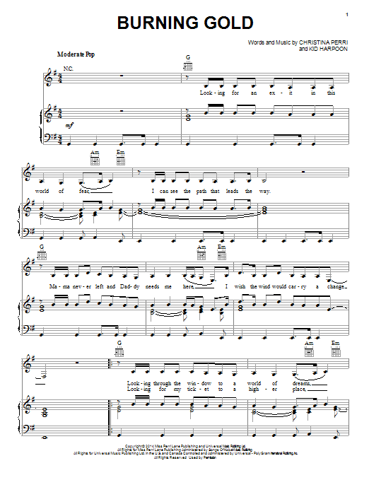 Download Christina Perri Burning Gold Sheet Music and learn how to play Piano, Vocal & Guitar (Right-Hand Melody) PDF digital score in minutes