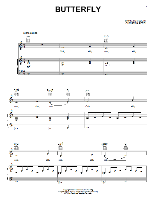 Download Christina Perri Butterfly Sheet Music and learn how to play Piano, Vocal & Guitar (Right-Hand Melody) PDF digital score in minutes
