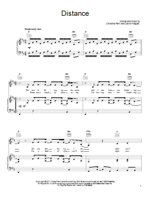 Download Christina Perri Distance Sheet Music and learn how to play Piano, Vocal & Guitar (Right-Hand Melody) PDF digital score in minutes