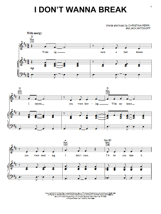 Download Christina Perri I Don't Wanna Break Sheet Music and learn how to play Piano, Vocal & Guitar (Right-Hand Melody) PDF digital score in minutes