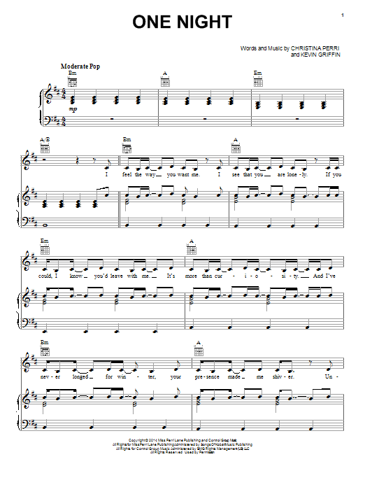 Download Christina Perri One Night Sheet Music and learn how to play Piano, Vocal & Guitar (Right-Hand Melody) PDF digital score in minutes