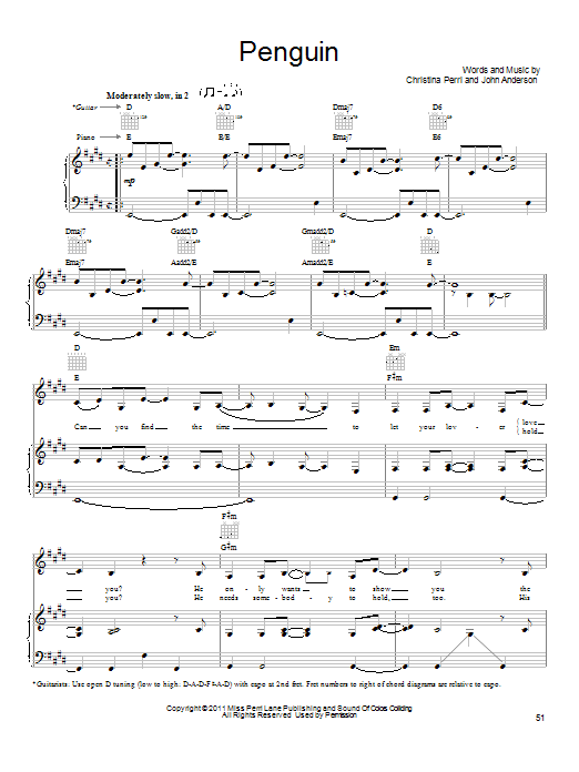 Download Christina Perri Penguin Sheet Music and learn how to play Piano, Vocal & Guitar (Right-Hand Melody) PDF digital score in minutes