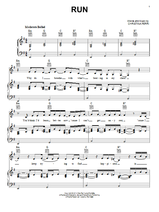 Download Christina Perri Run Sheet Music and learn how to play Piano, Vocal & Guitar (Right-Hand Melody) PDF digital score in minutes