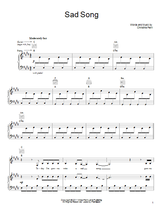 Download Christina Perri Sad Song Sheet Music and learn how to play Piano, Vocal & Guitar (Right-Hand Melody) PDF digital score in minutes