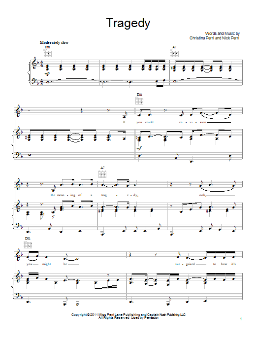 Download Christina Perri Tragedy Sheet Music and learn how to play Piano, Vocal & Guitar (Right-Hand Melody) PDF digital score in minutes