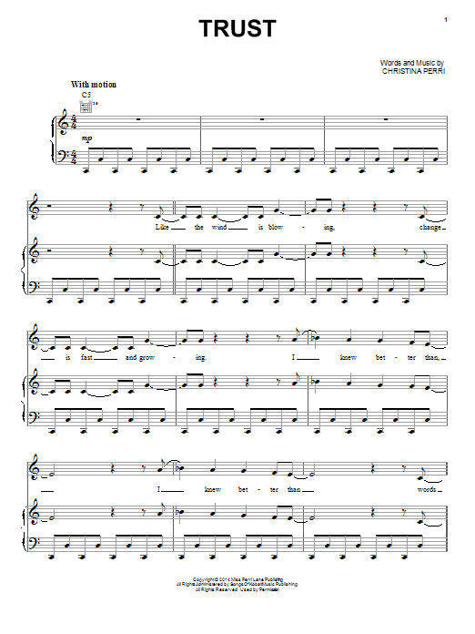 Download Christina Perri Trust Sheet Music and learn how to play Piano, Vocal & Guitar (Right-Hand Melody) PDF digital score in minutes