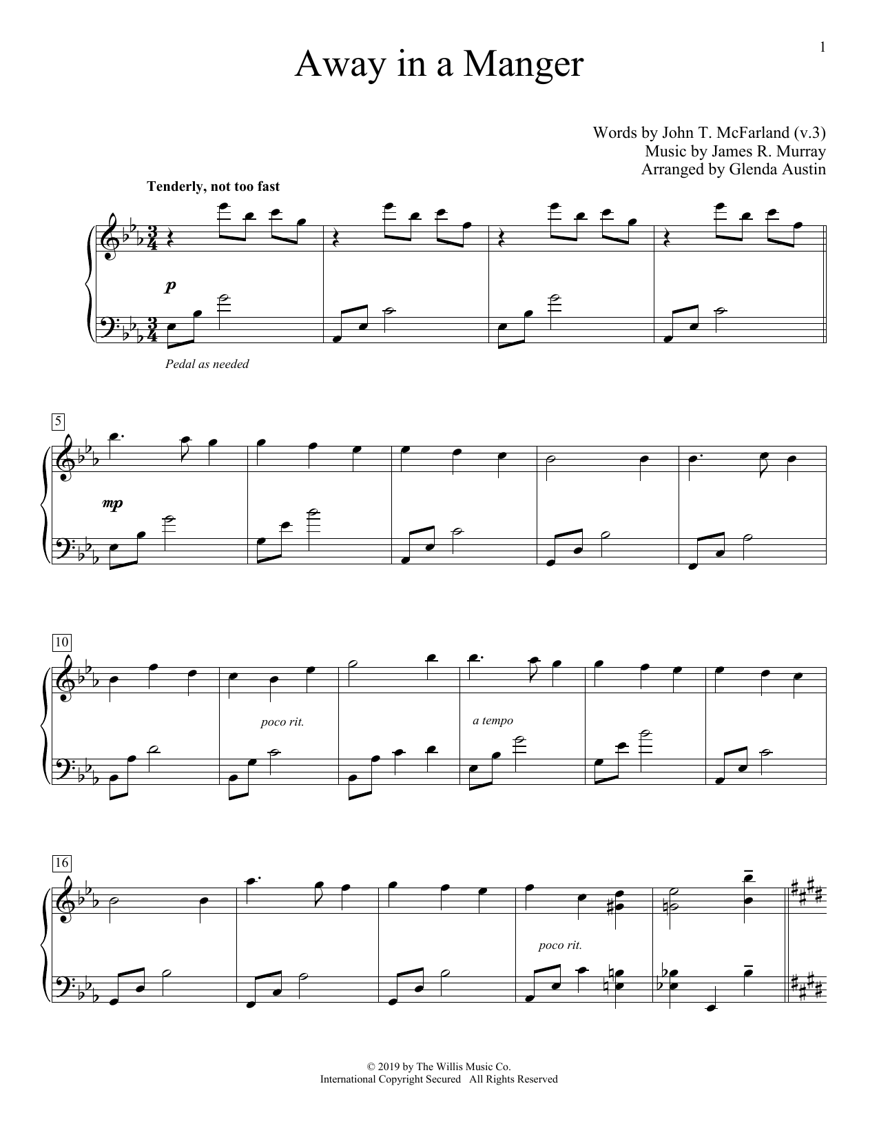 Download Christmas Carol Away In A Manger (arr. Glenda Austin) Sheet Music and learn how to play Piano Solo PDF digital score in minutes