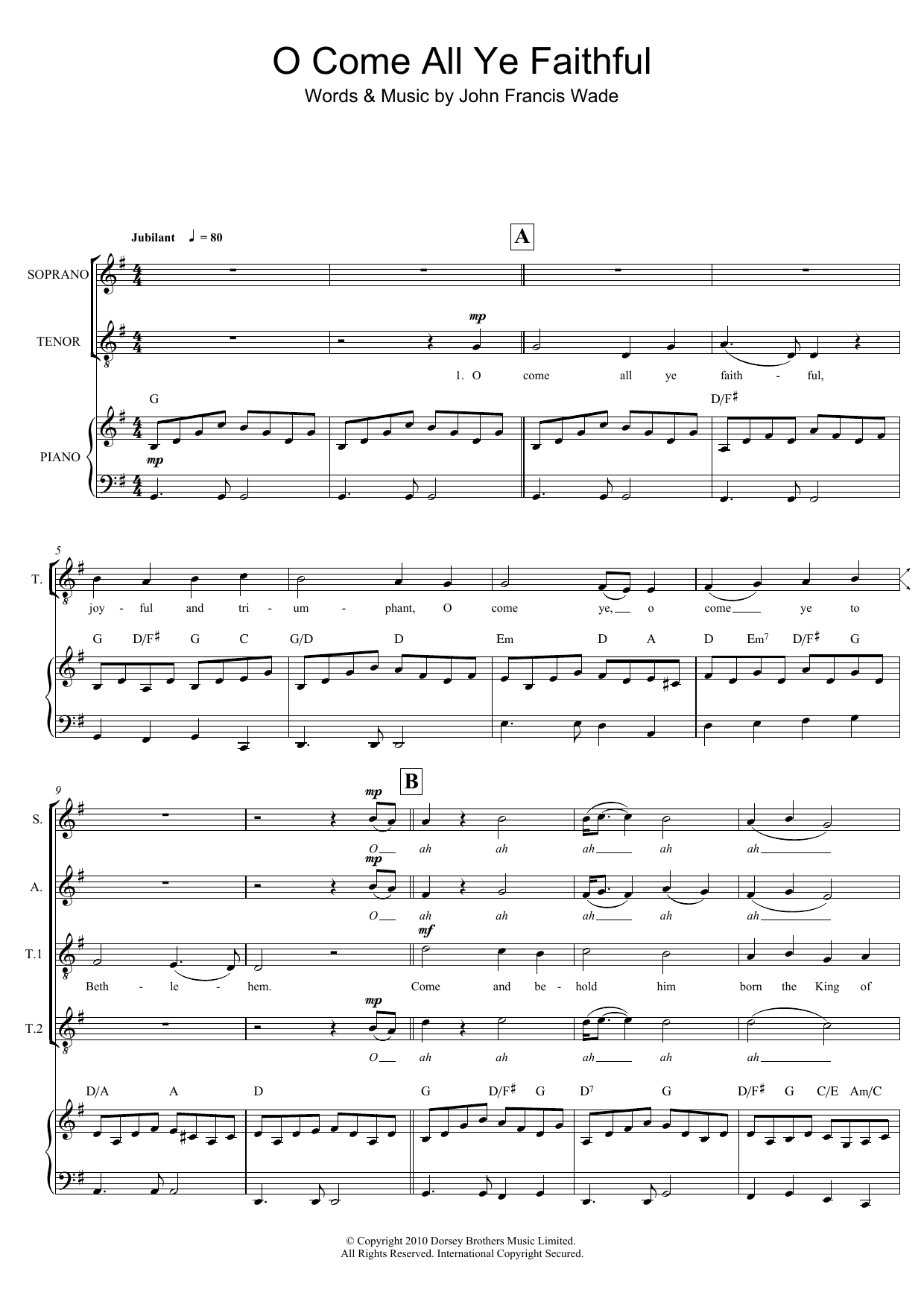 Download Christmas Carol O Come All Ye Faithful (arr. Mark De-Lisser) Sheet Music and learn how to play SAT PDF digital score in minutes