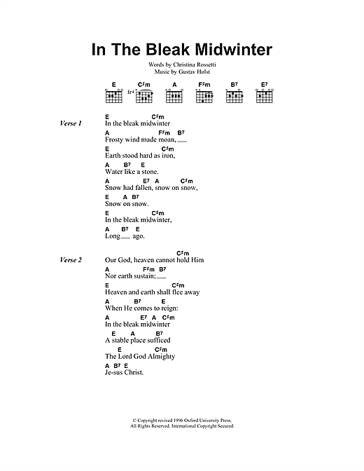 Download Christmas Carol In The Bleak Midwinter Sheet Music and learn how to play Lyrics & Chords PDF digital score in minutes