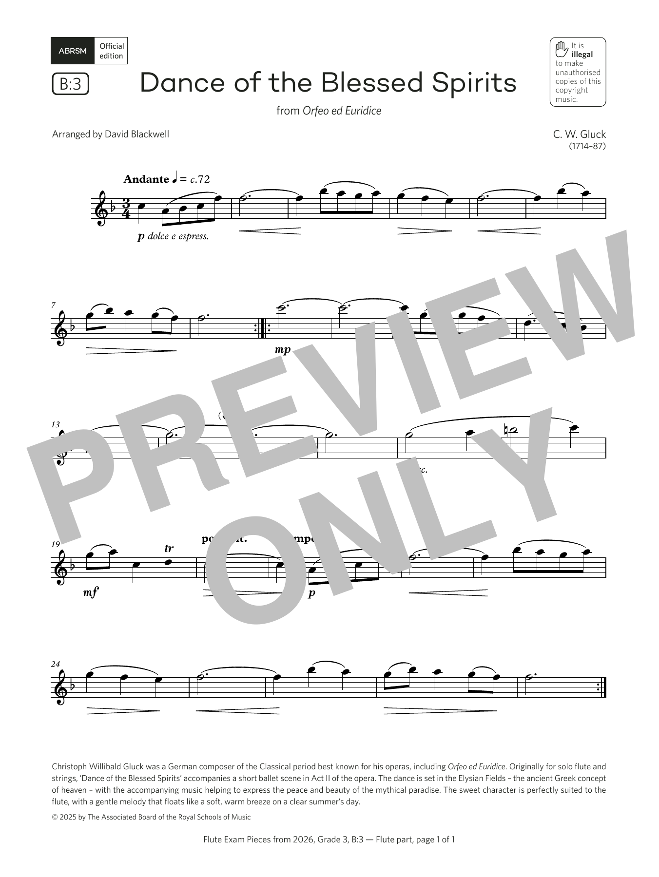 Download Christoph Gluck Dance of the Blessed Spirits (Grade 3, list B3, from the ABRSM Flute Syllabus fr Sheet Music and learn how to play Flute Solo PDF digital score in minutes