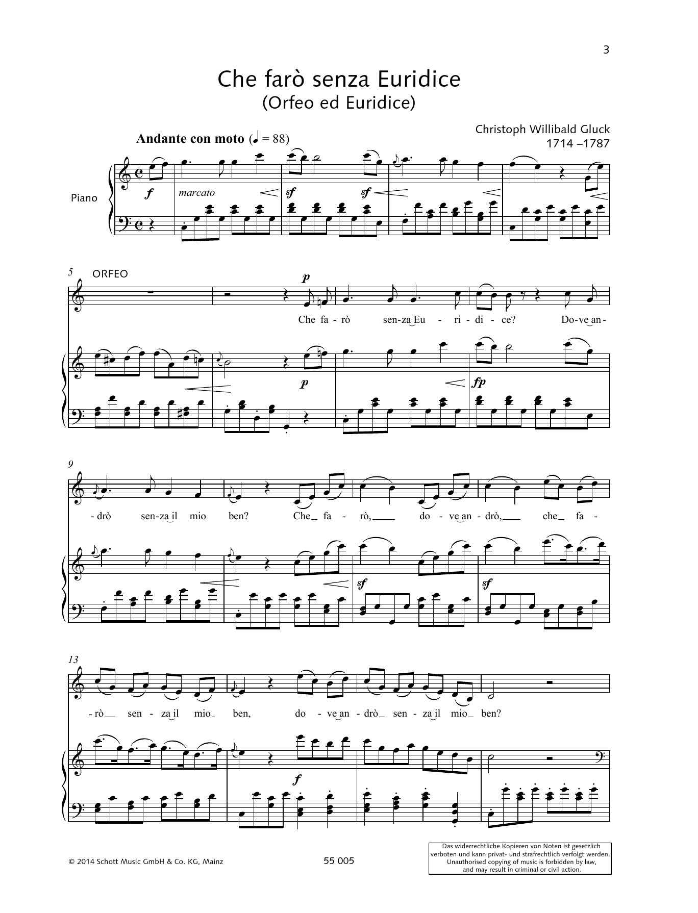 Download Christoph Willibald Gluck Che faro senza Euridice Sheet Music and learn how to play Piano & Vocal PDF digital score in minutes