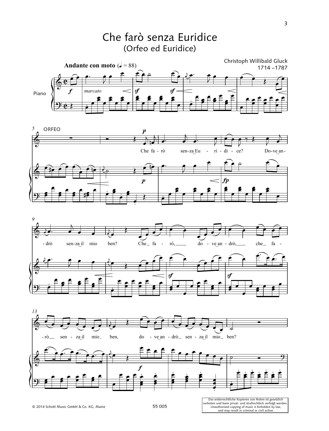 Download Christoph Willibald Gluck Che farò senza Euridice Sheet Music and learn how to play Piano & Vocal PDF digital score in minutes
