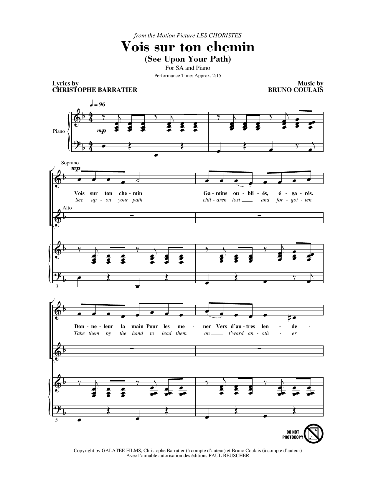Download Christophe Barratier and Bruno Coulais Vois sur ton chemin (See Upon Your Path) (from Les Choristes) Sheet Music and learn how to play 2-Part Choir PDF digital score in minutes