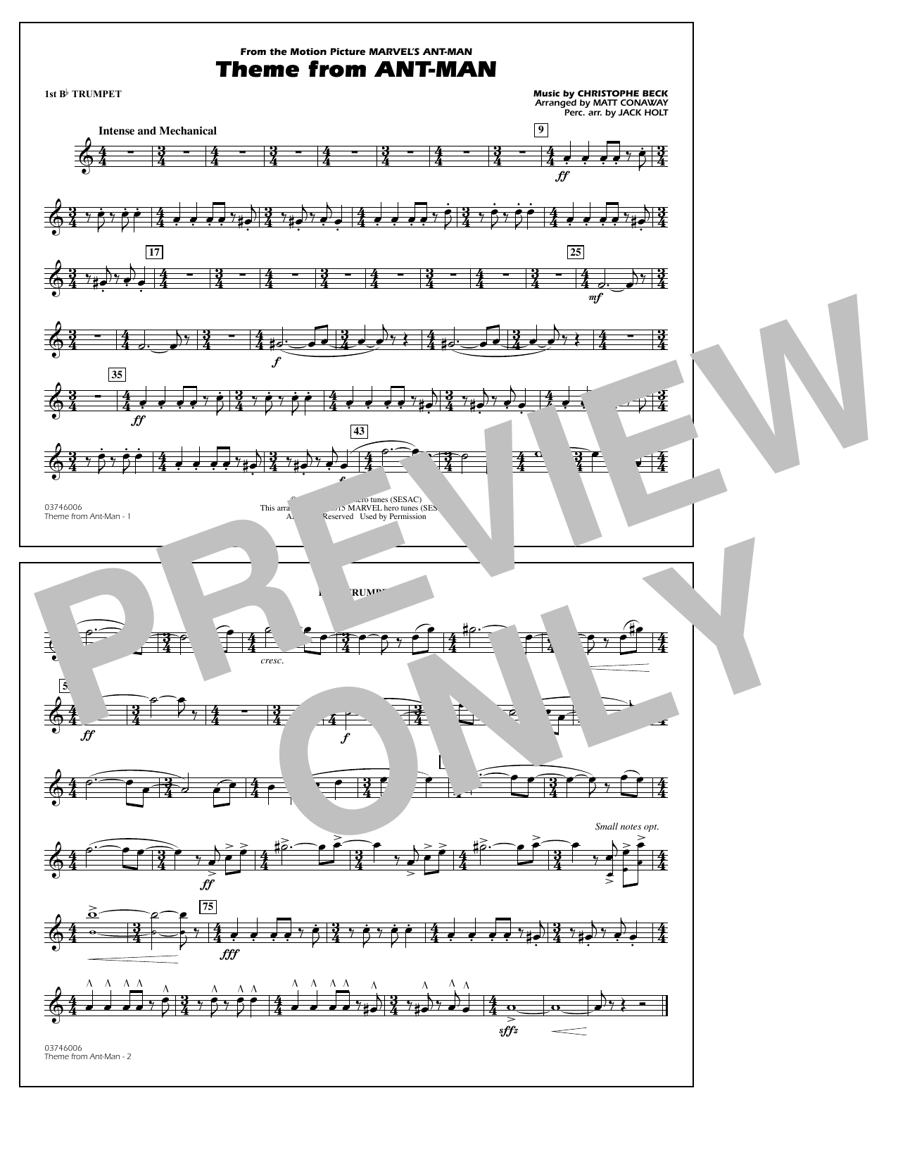 Download Christophe Beck Theme from Ant-Man (Arr. Matt Conaway) - 1st Bb Trumpet Sheet Music and learn how to play Marching Band PDF digital score in minutes