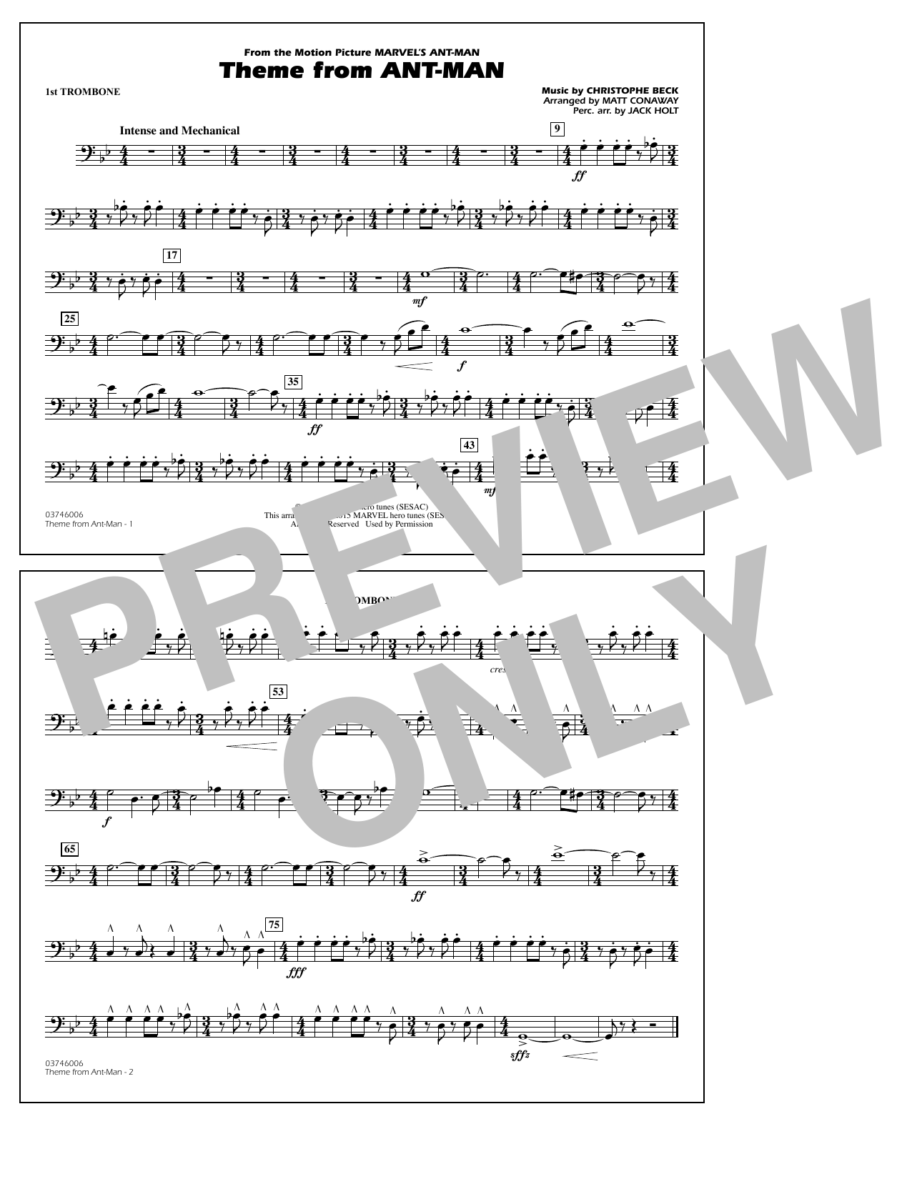 Download Christophe Beck Theme from Ant-Man (Arr. Matt Conaway) - 1st Trombone Sheet Music and learn how to play Marching Band PDF digital score in minutes