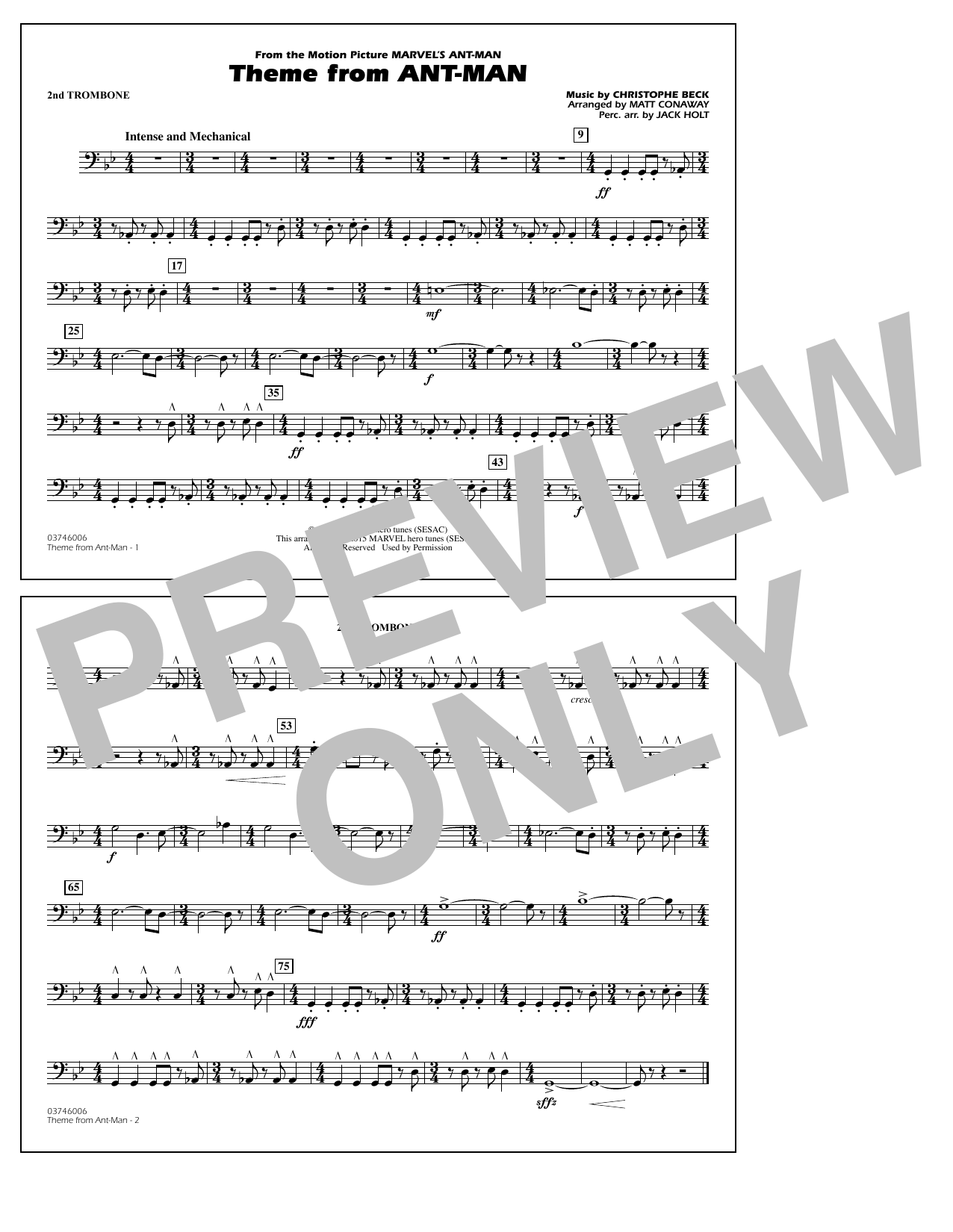 Download Christophe Beck Theme from Ant-Man (Arr. Matt Conaway) - 2nd Trombone Sheet Music and learn how to play Marching Band PDF digital score in minutes