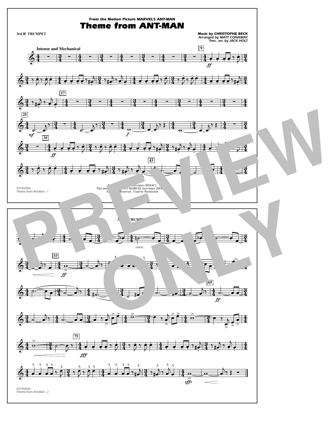 Download Christophe Beck Theme from Ant-Man (Arr. Matt Conaway) - 3rd Bb Trumpet Sheet Music and learn how to play Marching Band PDF digital score in minutes