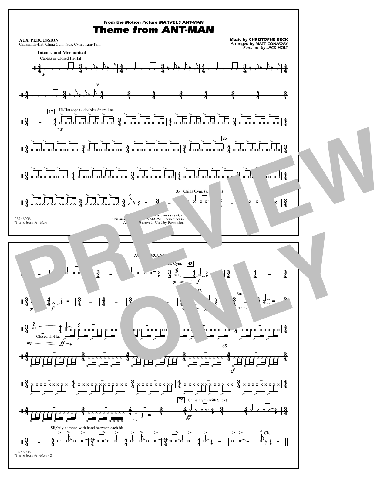 Download Christophe Beck Theme from Ant-Man (Arr. Matt Conaway) - Aux Percussion Sheet Music and learn how to play Marching Band PDF digital score in minutes