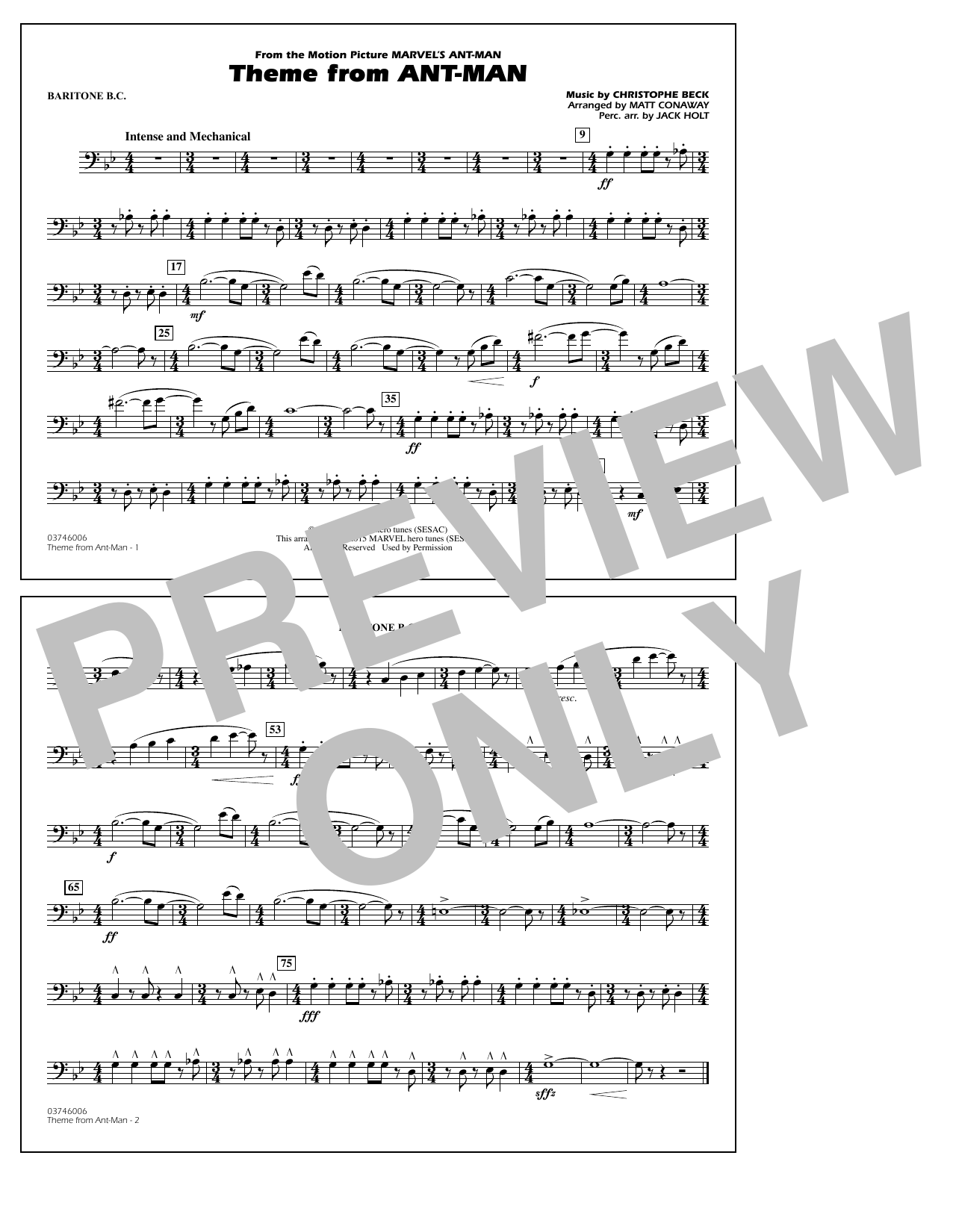 Download Christophe Beck Theme from Ant-Man (Arr. Matt Conaway) - Baritone B.C. Sheet Music and learn how to play Marching Band PDF digital score in minutes