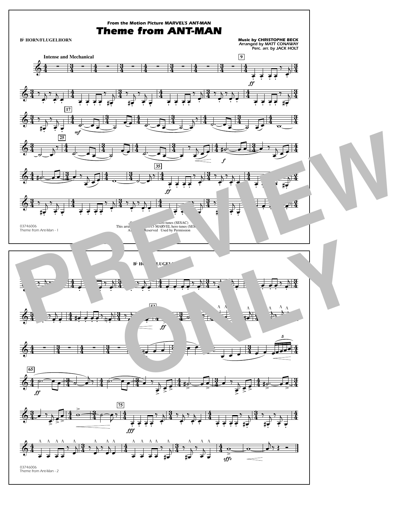 Download Christophe Beck Theme from Ant-Man (Arr. Matt Conaway) - Bb Horn/Flugelhorn Sheet Music and learn how to play Marching Band PDF digital score in minutes