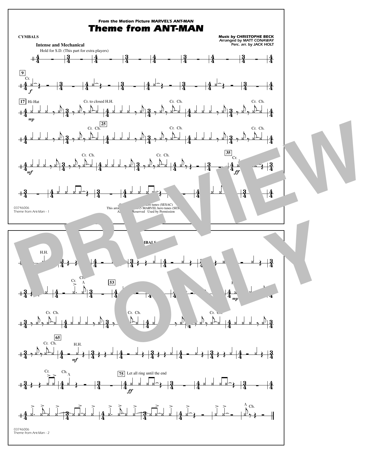 Download Christophe Beck Theme from Ant-Man (Arr. Matt Conaway) - Cymbals Sheet Music and learn how to play Marching Band PDF digital score in minutes