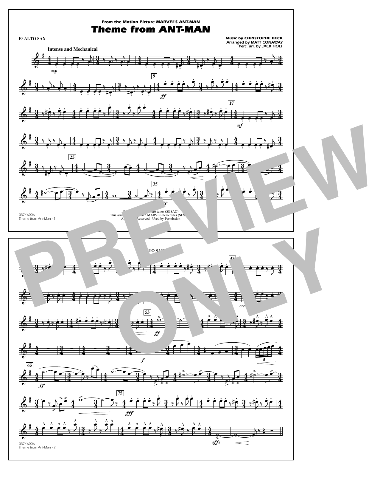 Download Christophe Beck Theme from Ant-Man (Arr. Matt Conaway) - Eb Alto Sax Sheet Music and learn how to play Marching Band PDF digital score in minutes