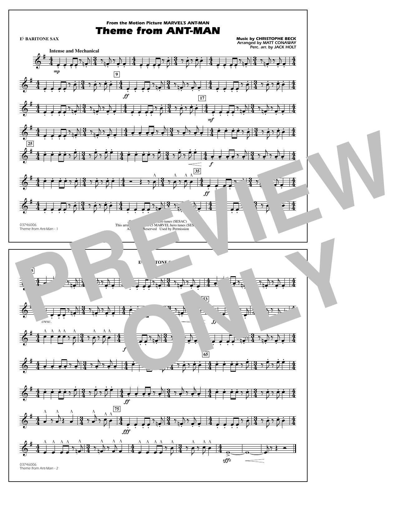 Download Christophe Beck Theme from Ant-Man (Arr. Matt Conaway) - Eb Baritone Sax Sheet Music and learn how to play Marching Band PDF digital score in minutes