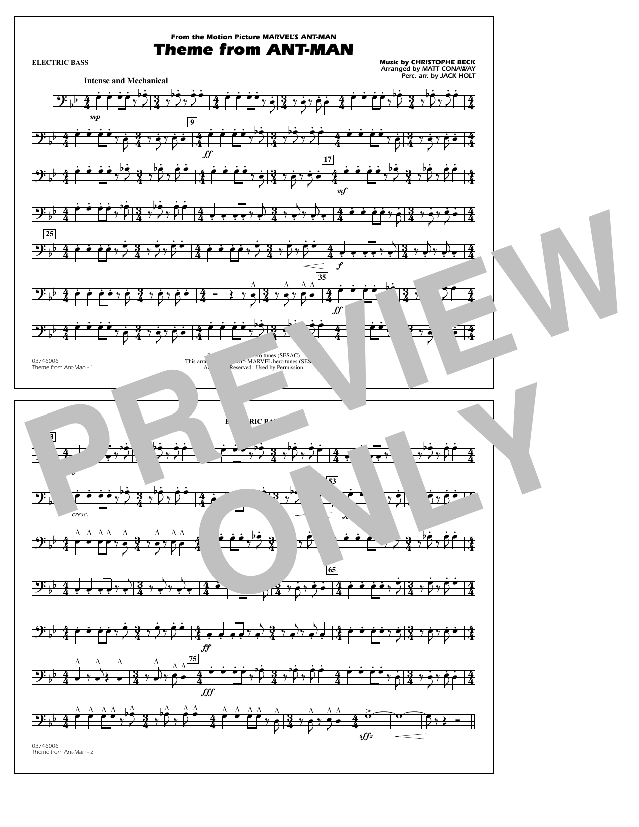 Download Christophe Beck Theme from Ant-Man (Arr. Matt Conaway) - Electric Bass Sheet Music and learn how to play Marching Band PDF digital score in minutes