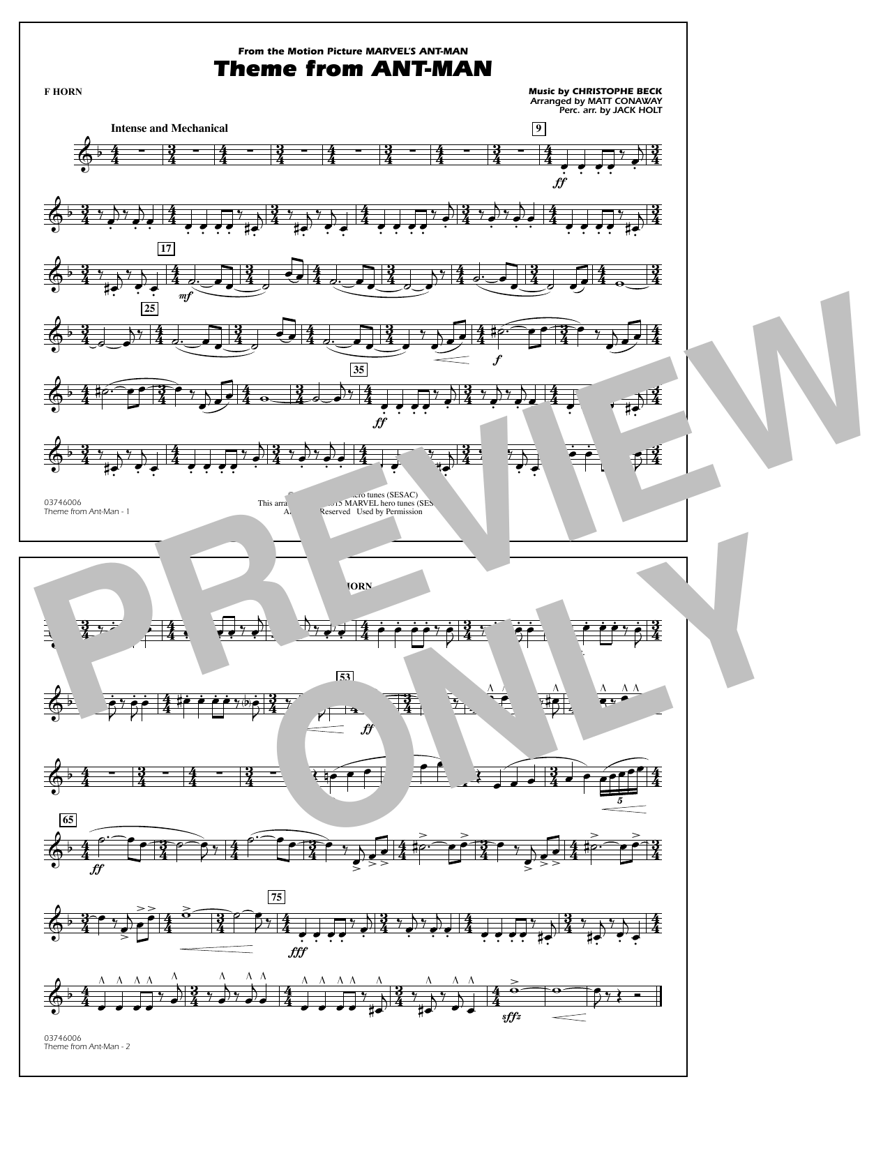 Download Christophe Beck Theme from Ant-Man (Arr. Matt Conaway) - F Horn Sheet Music and learn how to play Marching Band PDF digital score in minutes