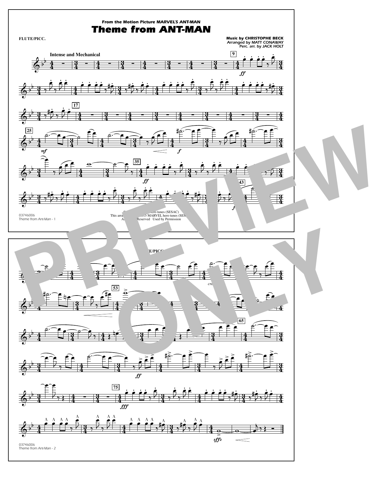 Download Christophe Beck Theme from Ant-Man (Arr. Matt Conaway) - Flute/Piccolo Sheet Music and learn how to play Marching Band PDF digital score in minutes