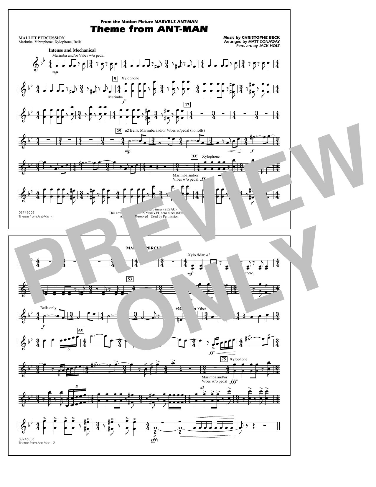 Download Christophe Beck Theme from Ant-Man (Arr. Matt Conaway) - Mallet Percussion Sheet Music and learn how to play Marching Band PDF digital score in minutes