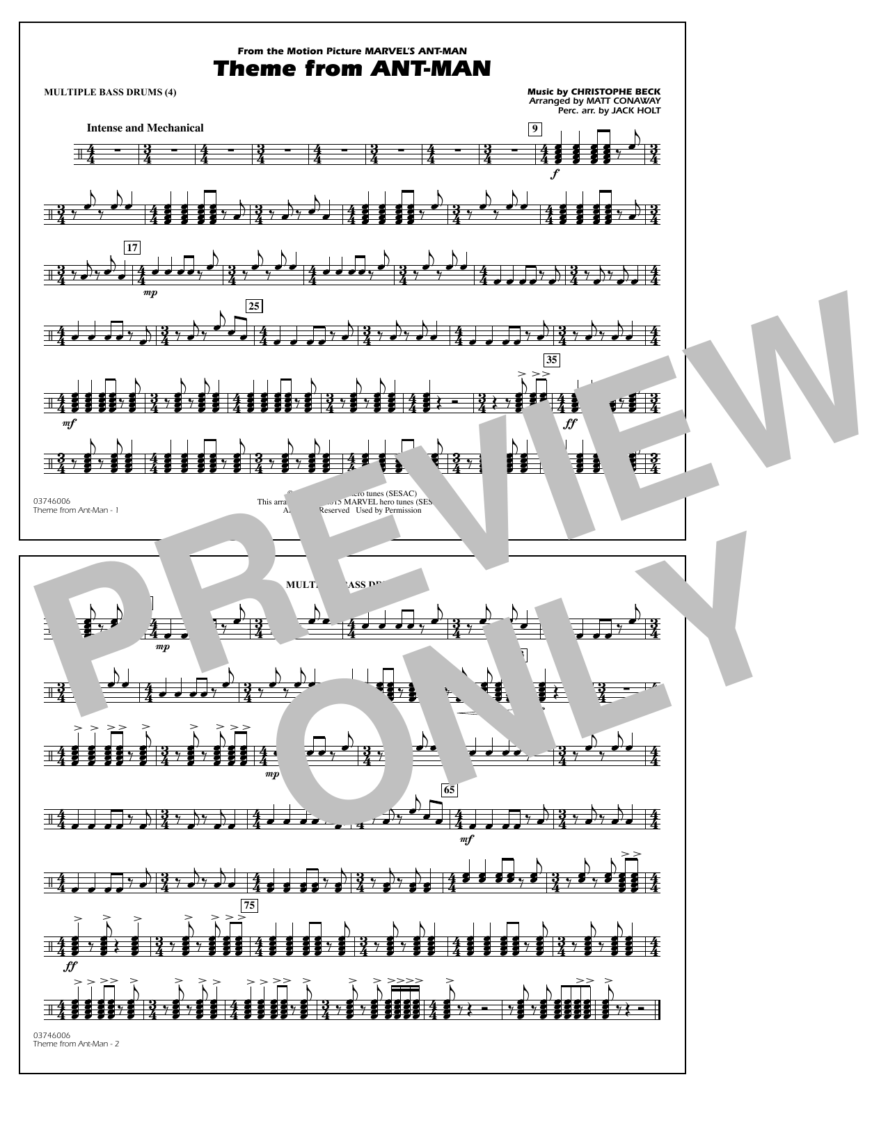 Download Christophe Beck Theme from Ant-Man (Arr. Matt Conaway) - Multiple Bass Drums Sheet Music and learn how to play Marching Band PDF digital score in minutes